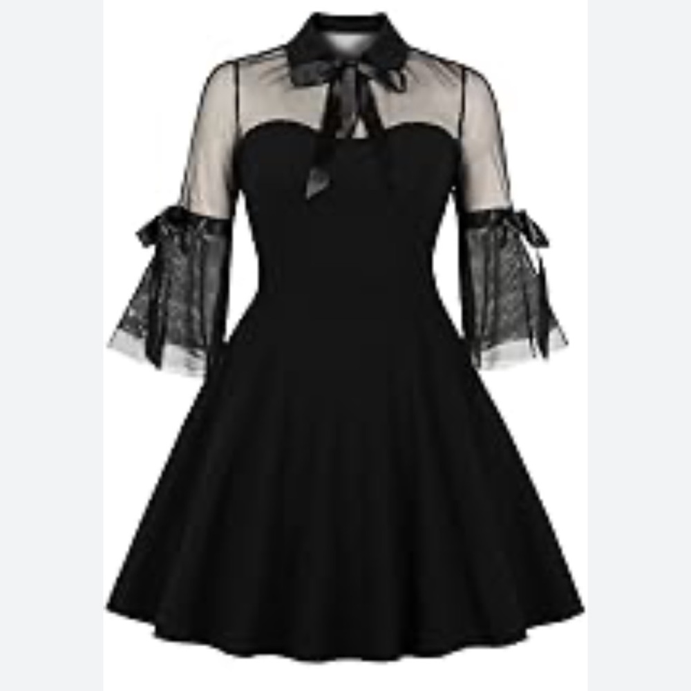 Black Retro Dress with Sheer Sleeves and Bow Side Zip Pockets Size Small